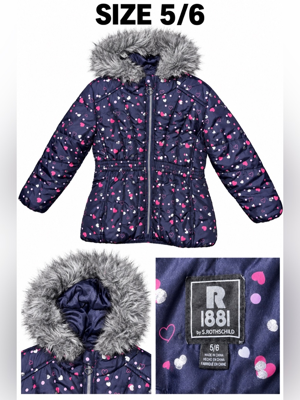 Rothschild Navy Coat with Pink and White Heart Print and Gray Faux Fur Hood